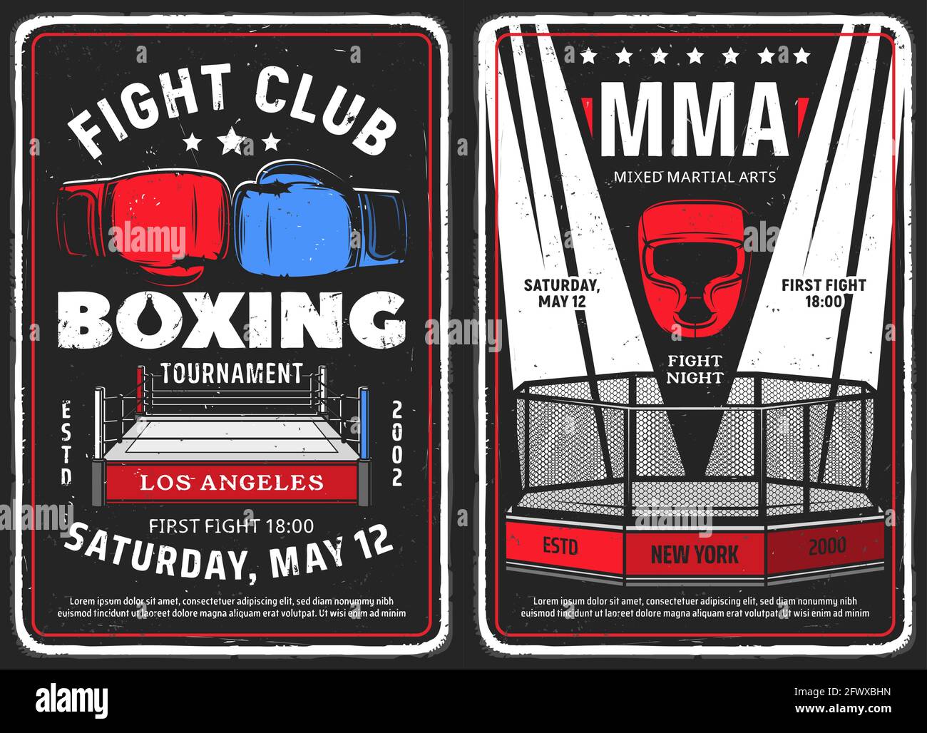 Boxing and mixed martial arts club grunge posters. Boxing ring and gloves, MMA octagon cage and light beams. Fighting club tournament, sport competiti Stock Vector