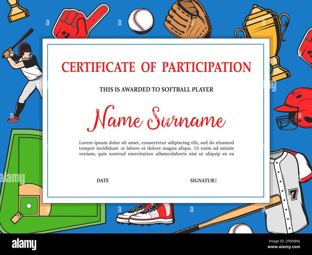 Certificate or diploma of participation to softball player. Baseball tournament team player achievement certificate. Batter, glove and ball, bat, jers Stock Vector