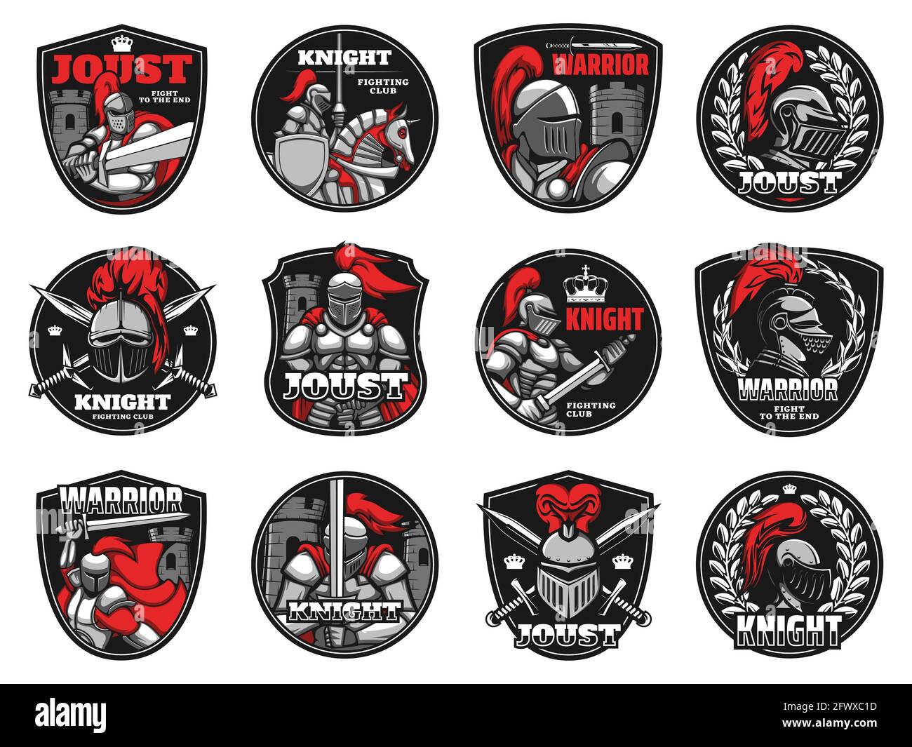 Knights, medieval warriors heraldic icons, vector helmet and shield