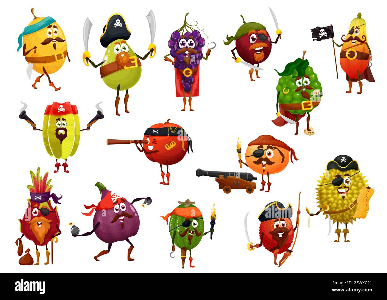 Exotic fruit pirate cartoon characters with vector pirate captain, corsairs and buccaneers. Mango, tamarillo and fig, grapes, feijoa, lychee and duria Stock Vector