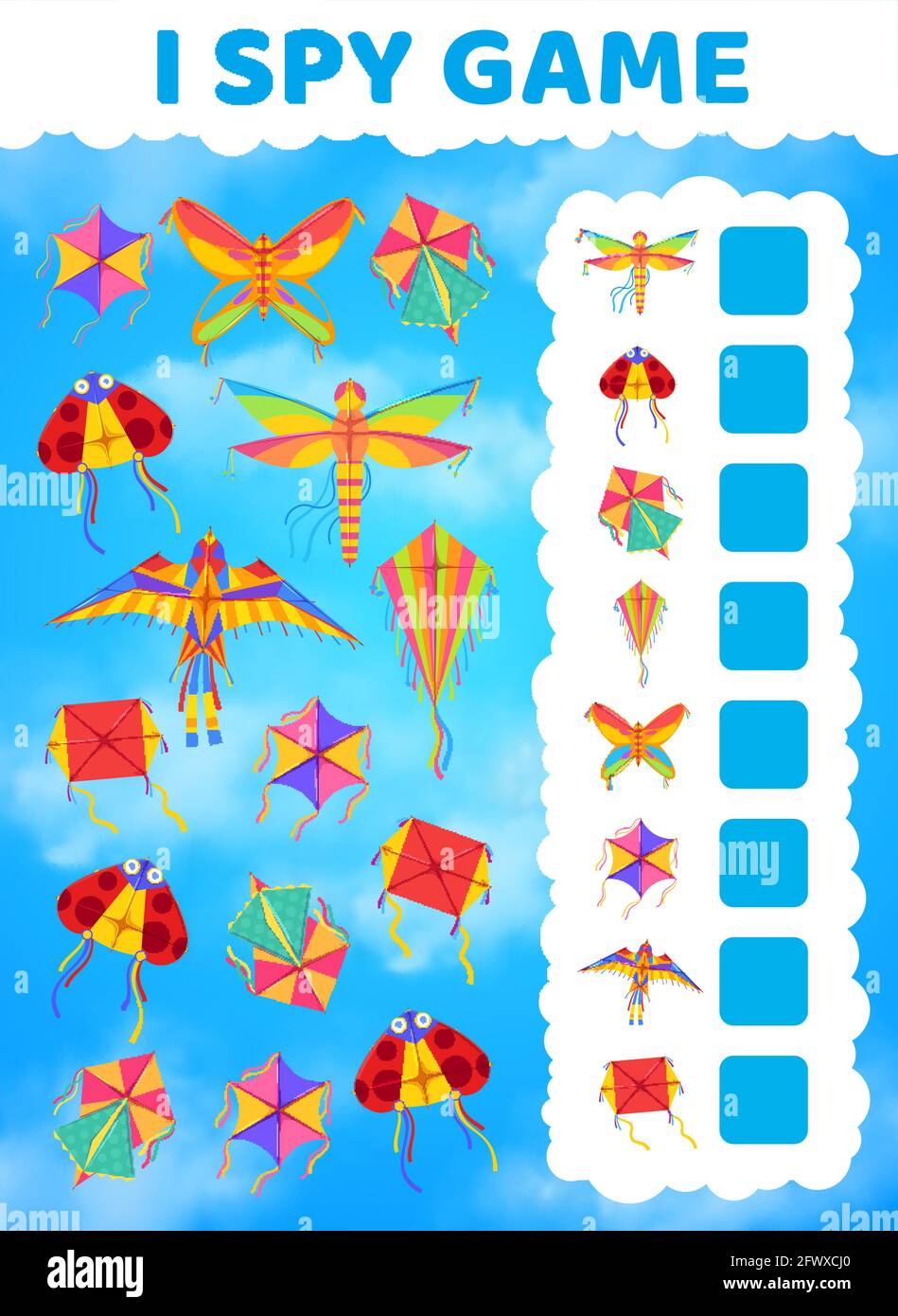 I spy kids game with vector kites in blue sky. Counting puzzle, logic