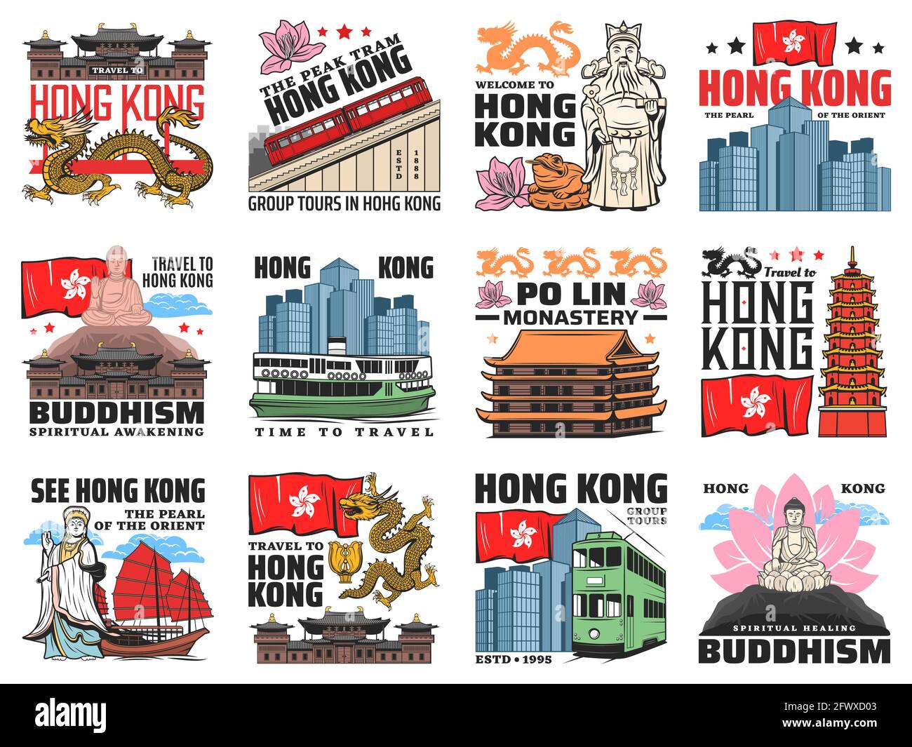 Hong Kong city landmarks icons. Great Buddha on lotus, asian dragon and Hong Kong flag, ferry, cityscape and buddhist temple, Po Lin monastery, pagoda Stock Vector
