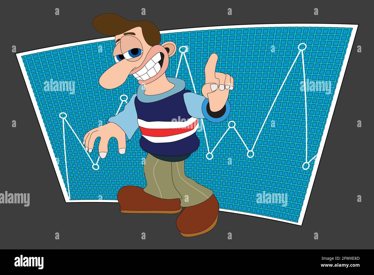 Man with a cheeky smile and a graph paper sheet in the background - flat design Stock Vector