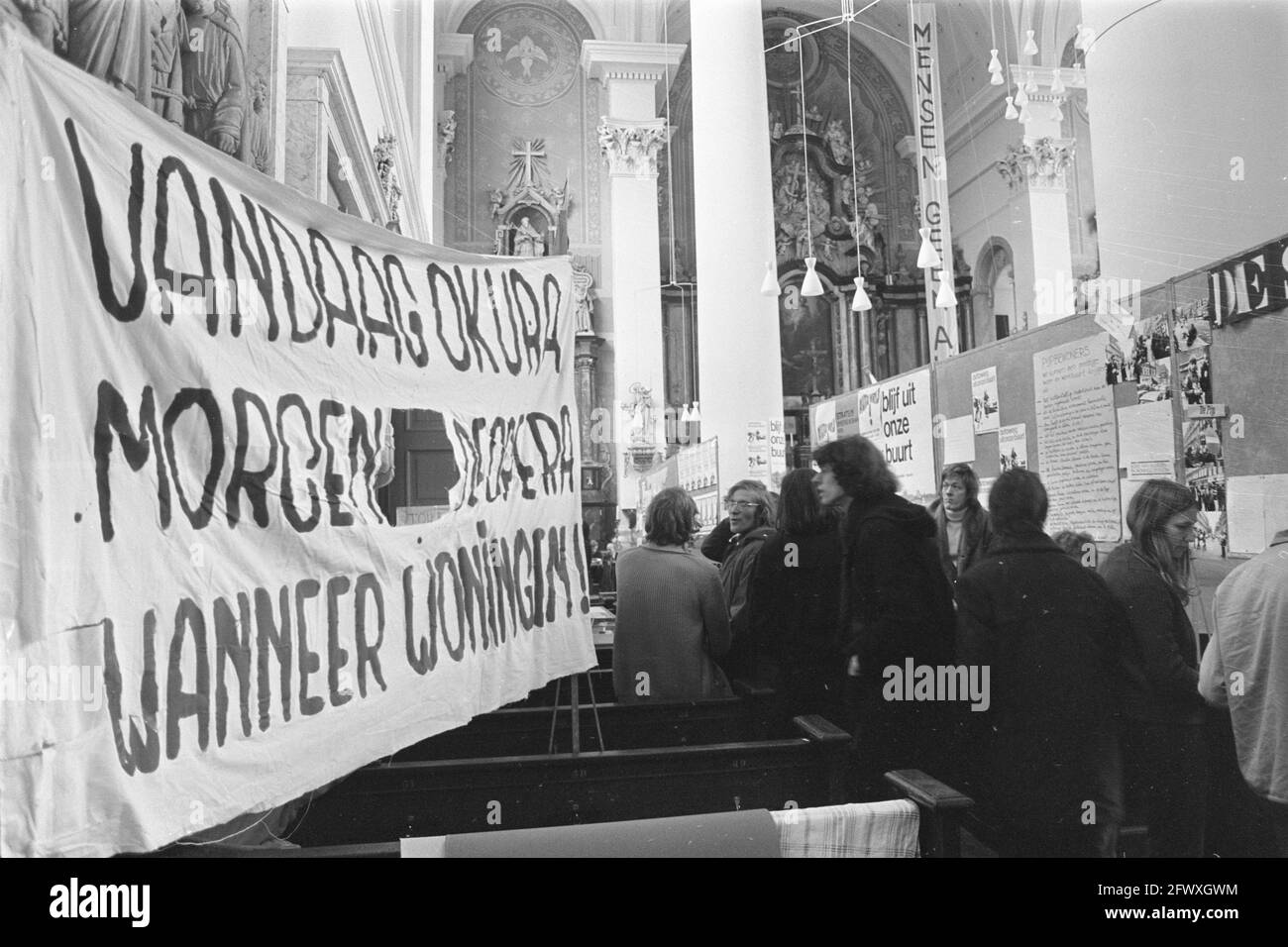Protest against traffic and housing policy in Amsterdam at the Moses and Aaron Church, banner, March 11, 1972, protests, The Netherlands, 20th century Stock Photo