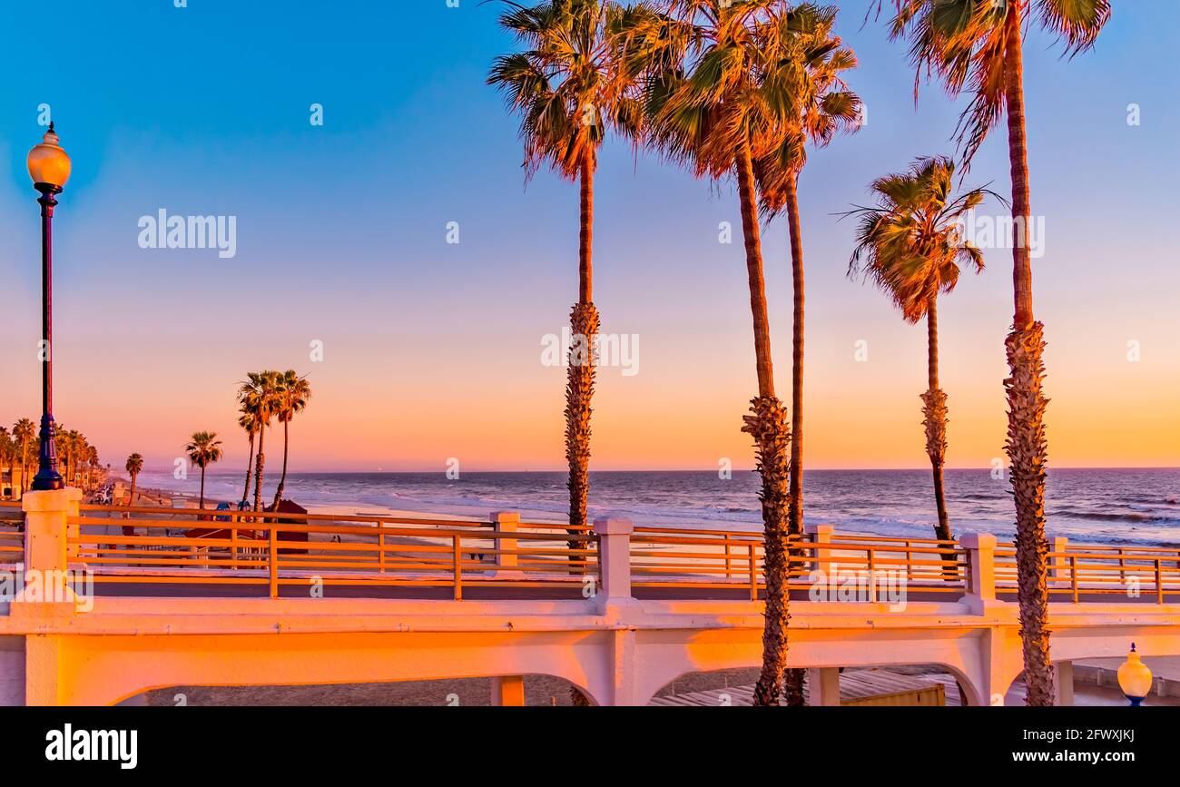 Oceanside Pier is surrounded by palm trees and sits on the edge of the Pacific Ocean in the golden light of sunset in Southern California. Stock Photo