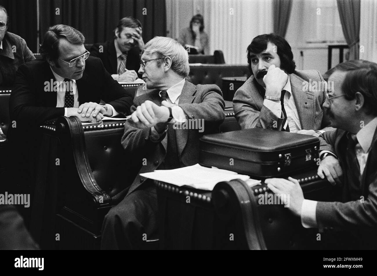 PvdA members of parliament confer; from left to right Klaas de Vries ...