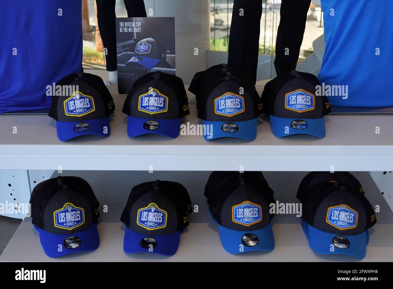 Inglewood, United States. 24th May, 2021. Los Angeles Rams 2021 Draft Day  hats on display at the Equipment Room team store atf SoFi Stadium, Monday,  May 24, 2021, in Inglewood, Calif. The