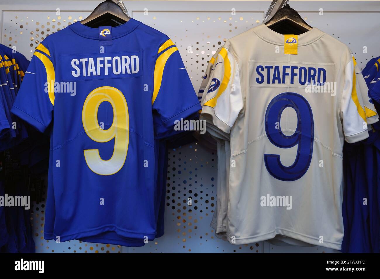 Jerseys of Los Angeles Rams quarterback Matthew Stafford (9) on display at the  Equipment Room team store atf SoFi Stadium, Monday, May 24, 2021, in I Stock Photo