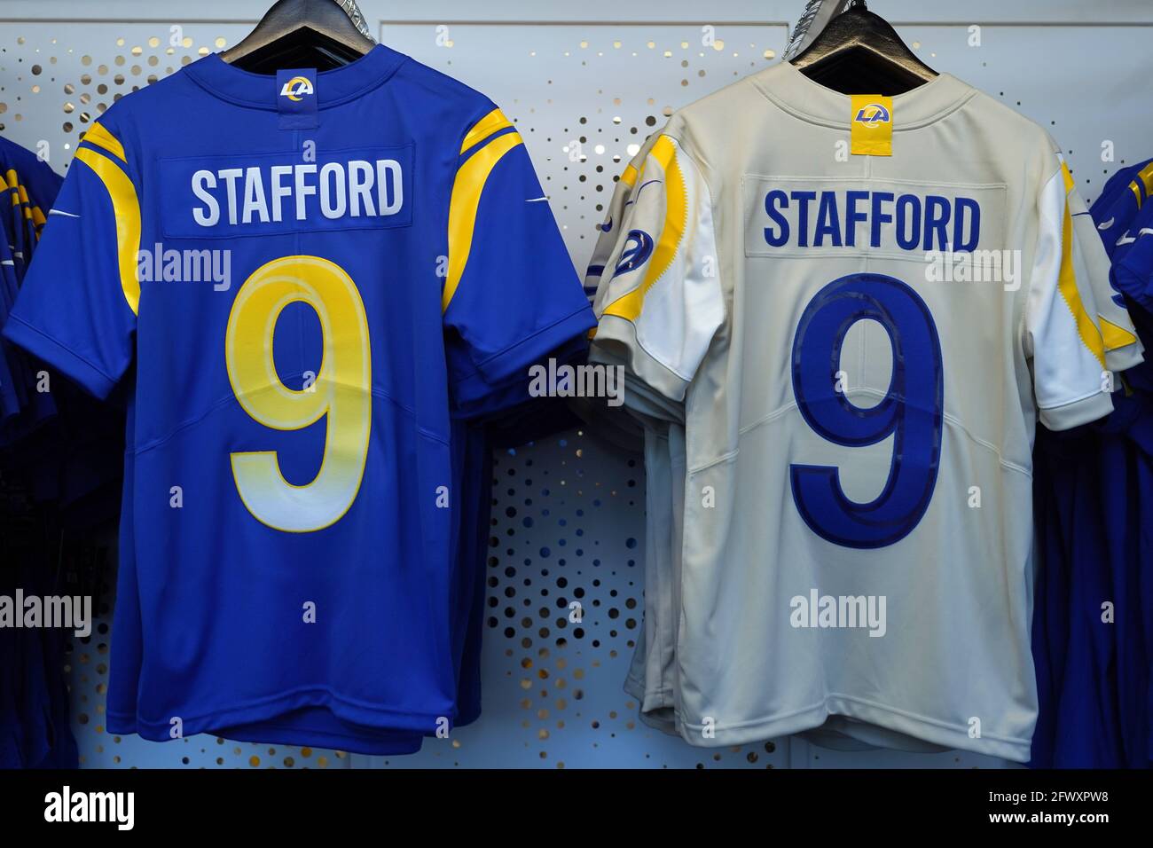 Jerseys of Los Angeles Rams quarterback Matthew Stafford (9) on display at the  Equipment Room team store atf SoFi Stadium, Monday, May 24, 2021, in I Stock Photo