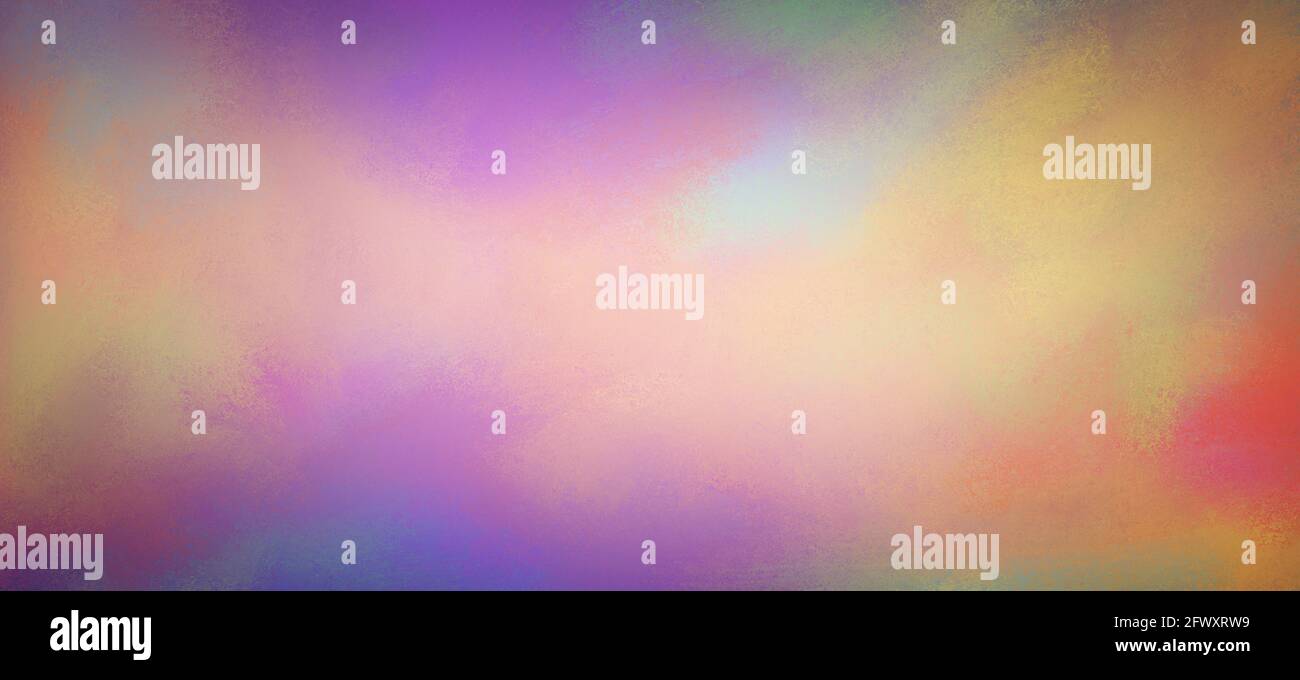 Abstract colorful sunrise or sunset background in digital art illustration with soft blurred glowing gold on purple pink blue green yellow orange and Stock Photo