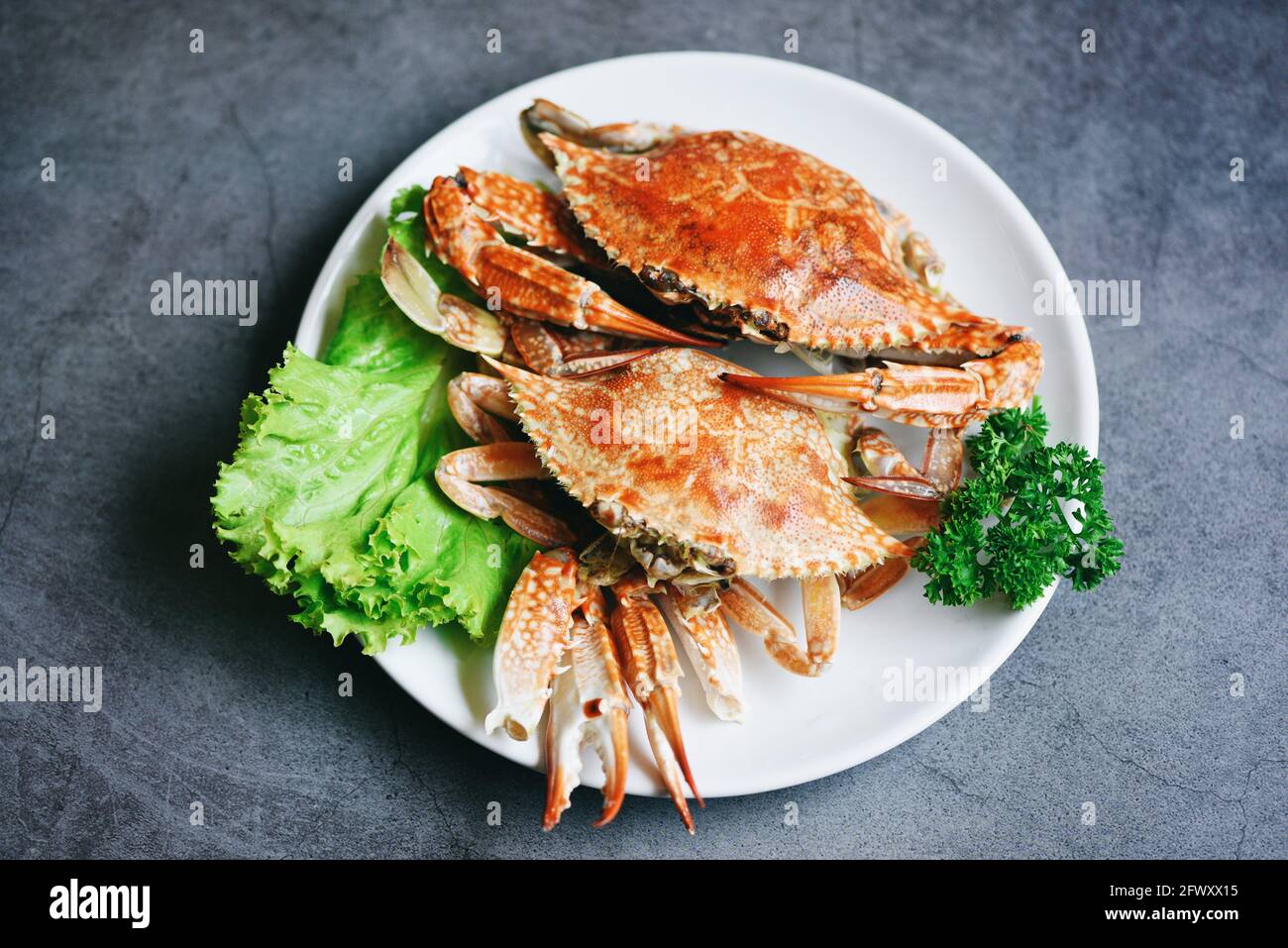 Fresh seafood crab cooking food in the restaurant, Steamed or boiled