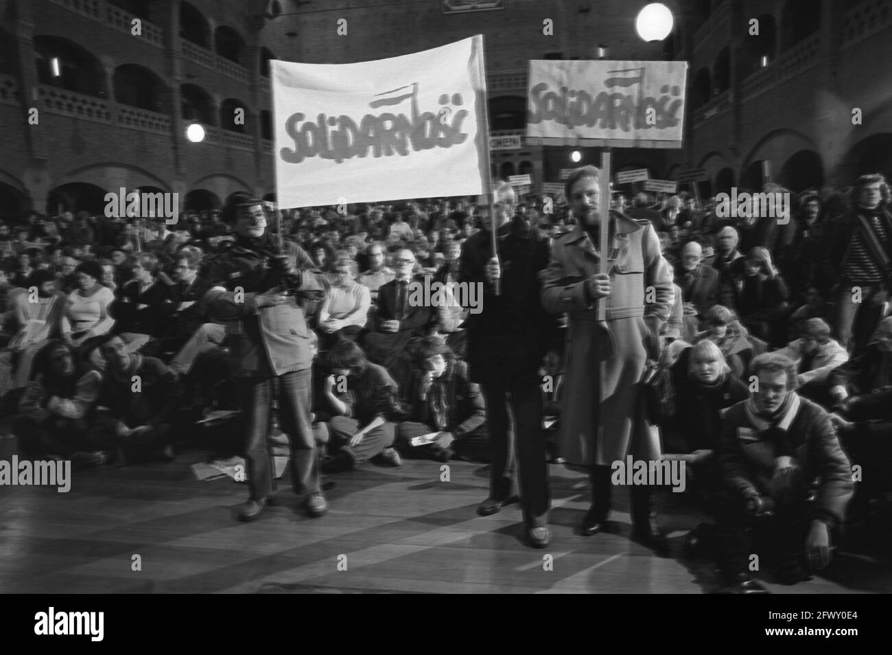 Protest meeting against military coup in Poland in Koopmansbeurs in Amsterdam organized by FNV and CNV, December 14, 1981, Protest meetings, The Nethe Stock Photo