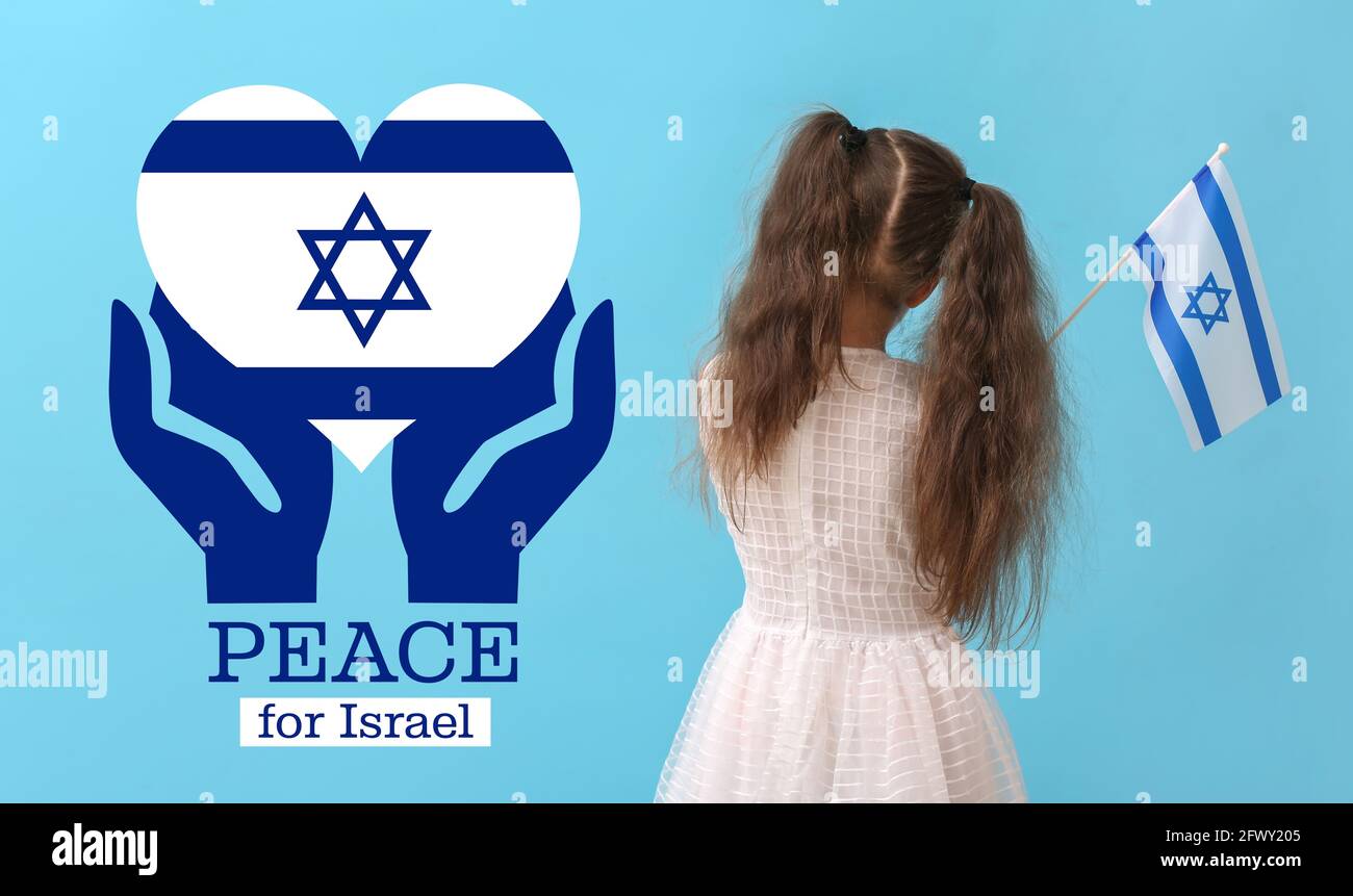 Little girl with the flag of Israel on color background Stock Photo