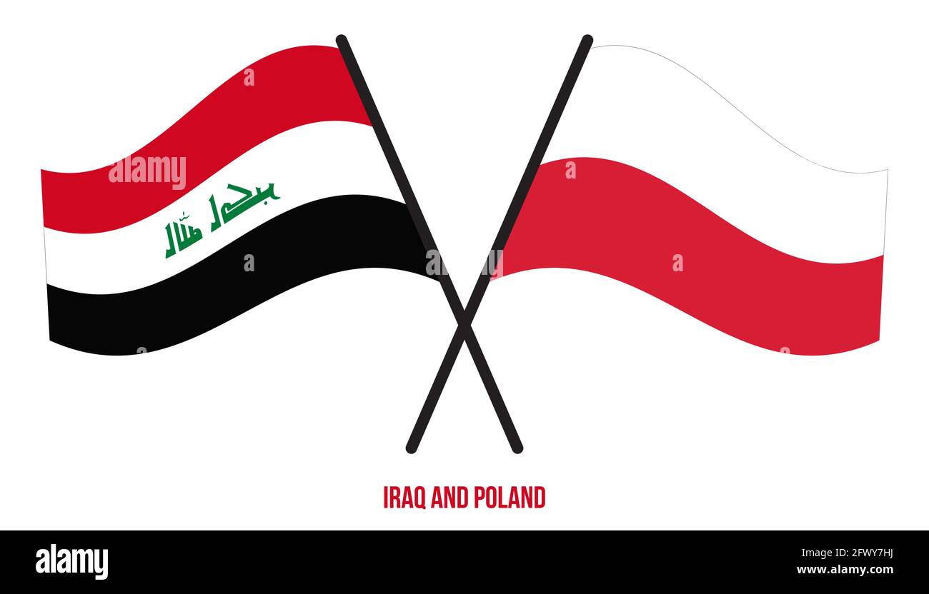 Iraq and Poland Flags Crossed And Waving Flat Style. Official Proportion. Correct Colors. Stock Photo