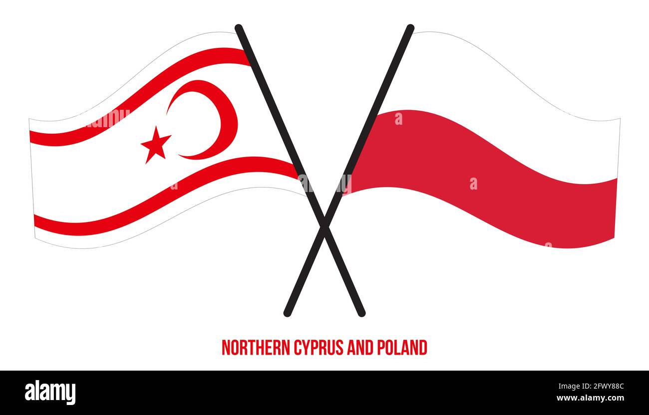 Northern Cyprus and Poland Flags Crossed And Waving Flat Style. Official Proportion. Correct Colors. Stock Photo