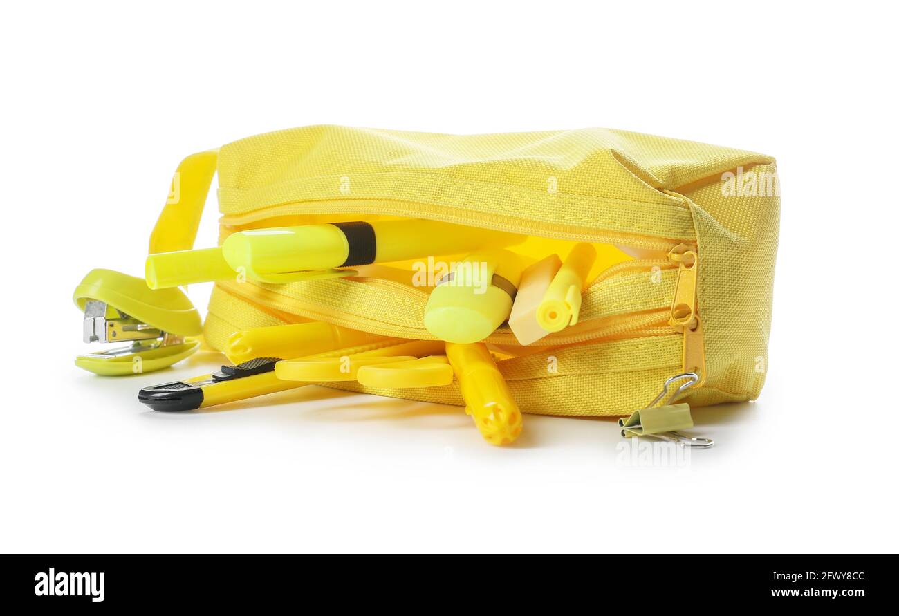 Pencil case with stationary on white background Stock Photo