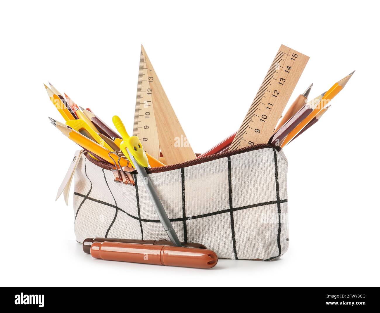 Pencil case with stationary on white background Stock Photo