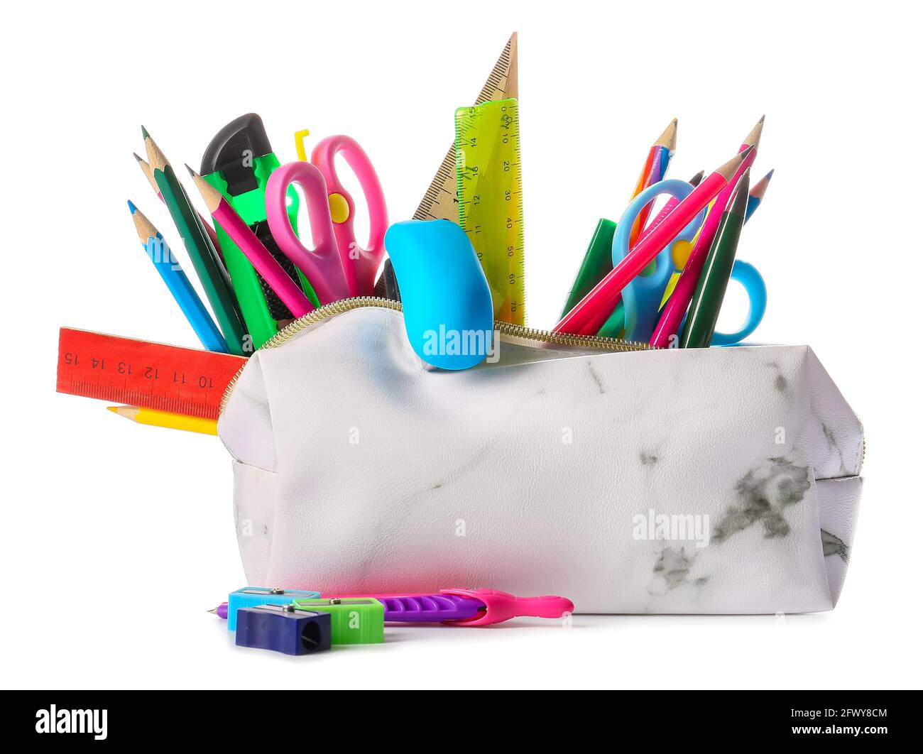 Pencil case with stationary on white background Stock Photo