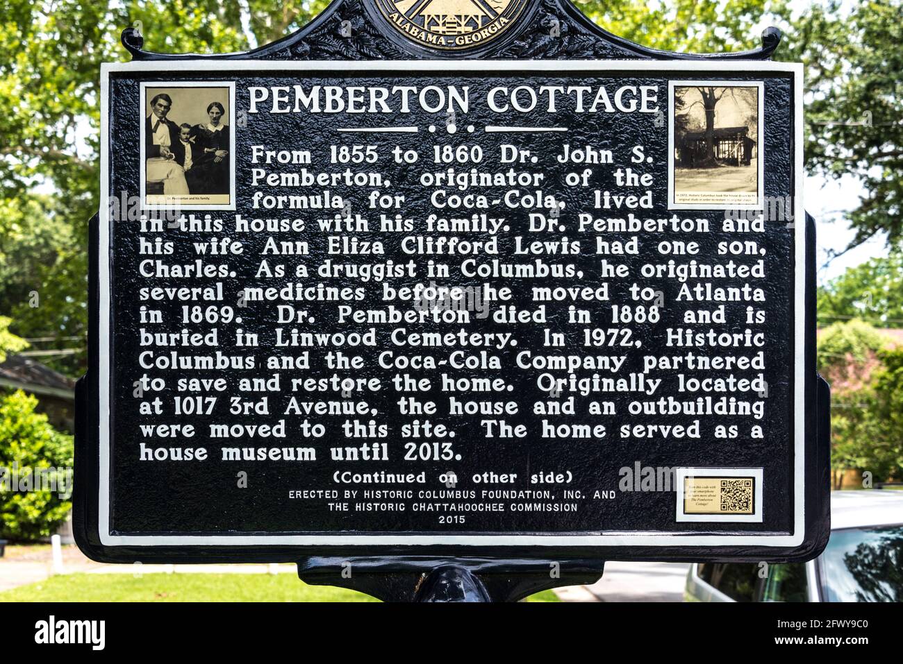 Historical marker at the Pemberton Cottage, the Columbus, Georgia, home of Dr. John Stith Pemberton, pharmacist inventor of Coca-Cola. (USA) Stock Photo