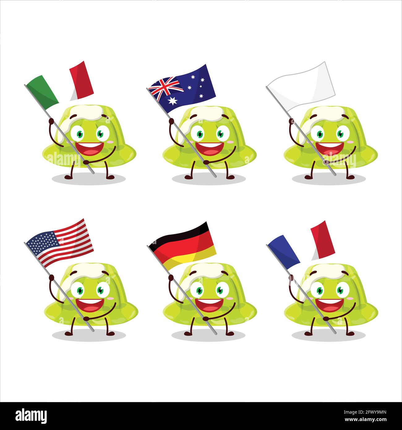 Pudding Flags Green pudding cartoon character bring the flags of various countries ...