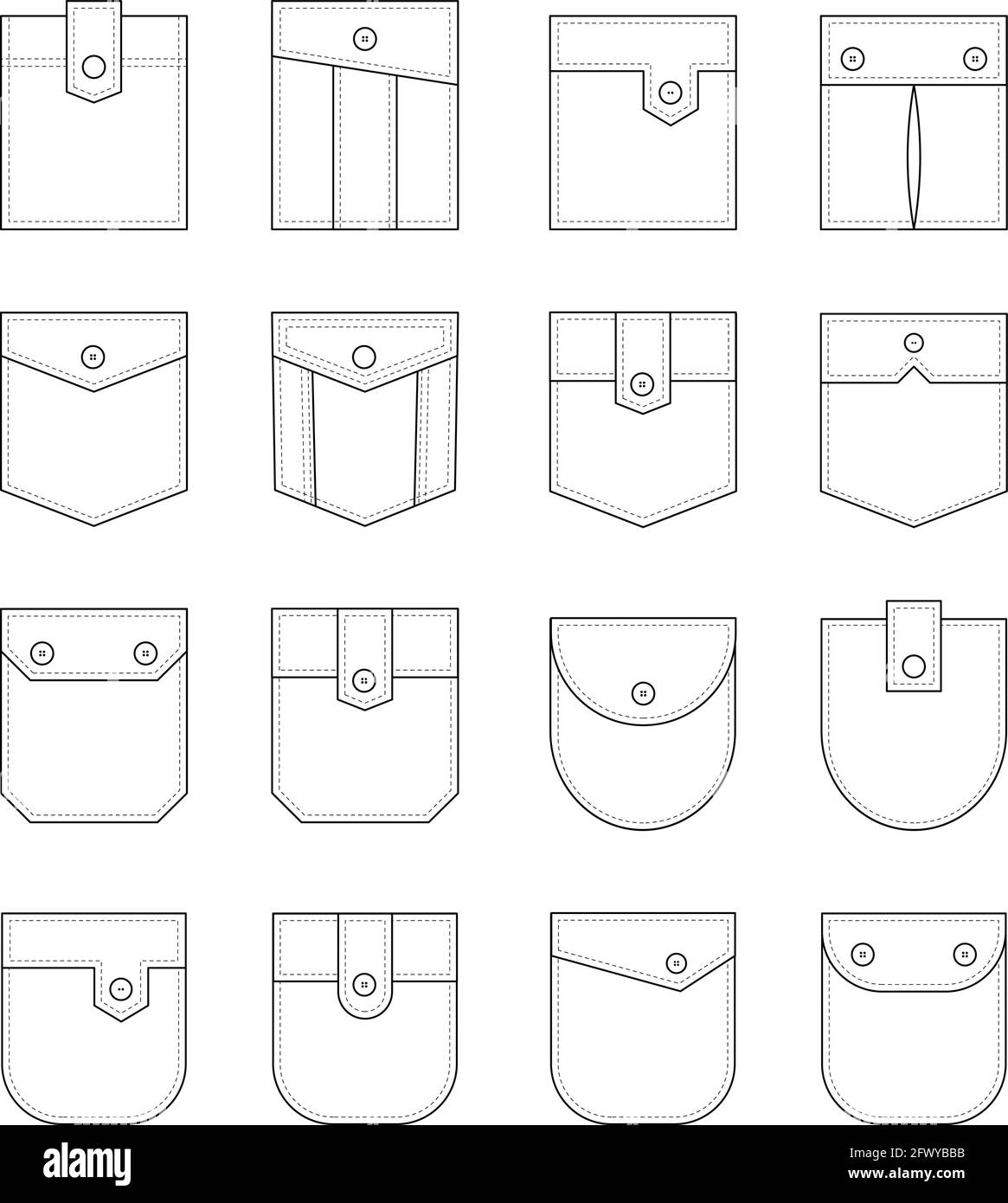 Patch pocket. Set of uniform patch pockets shapes for clothes