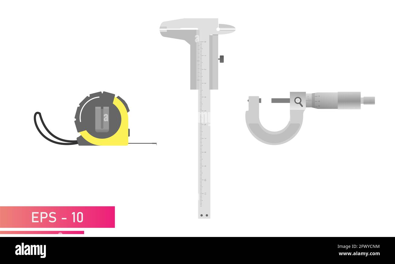 Measuring instruments, tape measure, caliper and micrometer are smooth. Realistic design. On a white background. Tools for the specialist. Flat vector Stock Vector