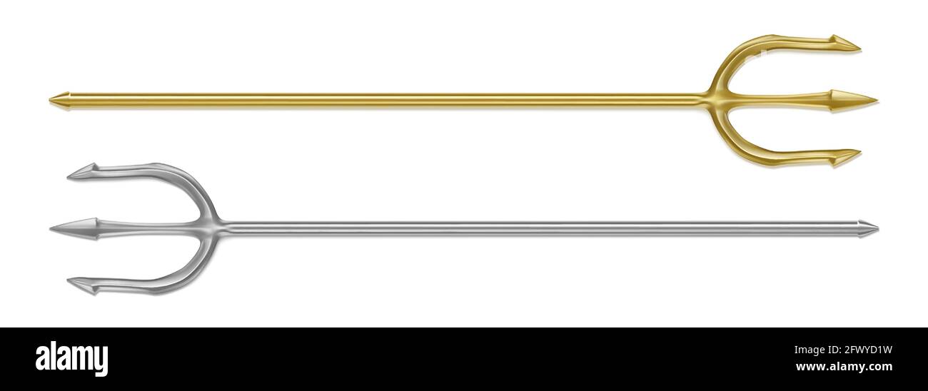Gold, silver trident, devil pitchfork isolated on white background. Vector  realistic set of mythology weapon of greek god Poseidon, Triton or Neptune.  Demon tridental spear Stock Vector Image & Art - Alamy