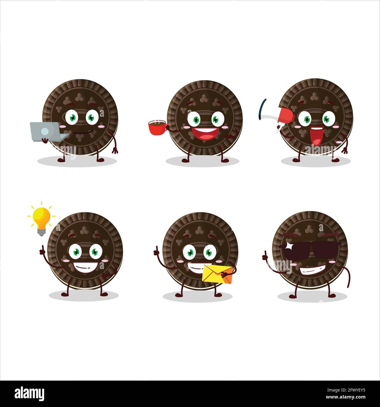 Chocolate biscuit cartoon character with various types of business