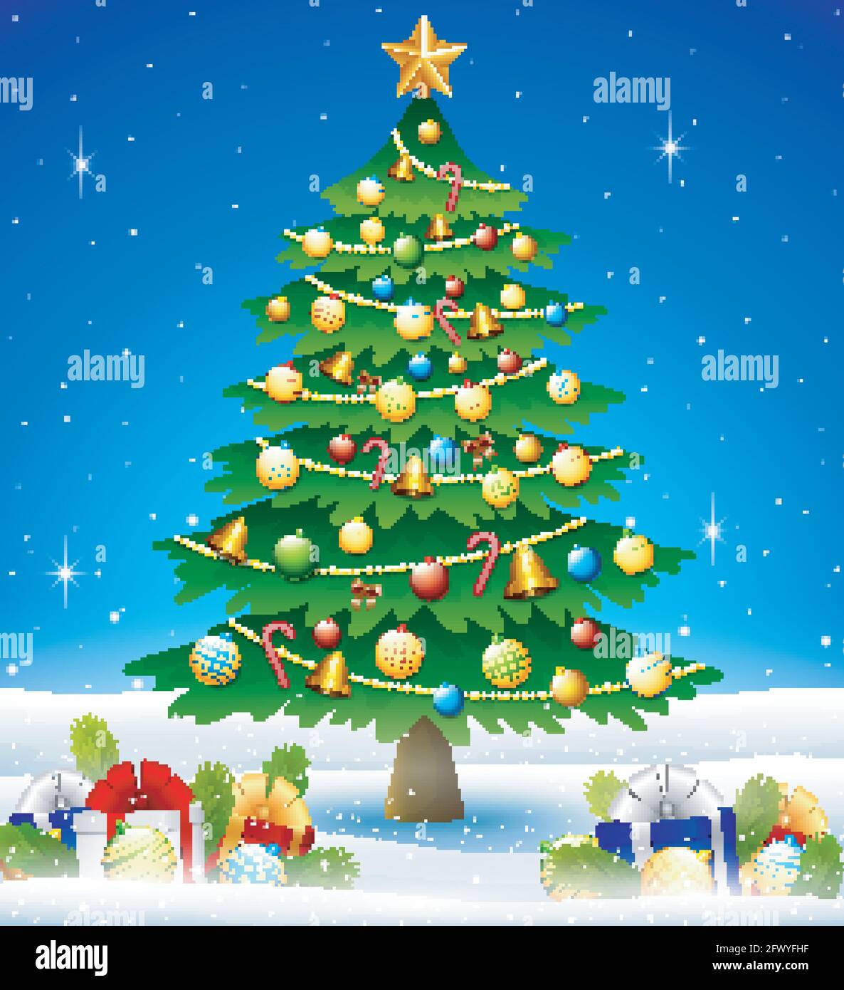 Christmas tree in winter background with gift boxes and balls Stock ...