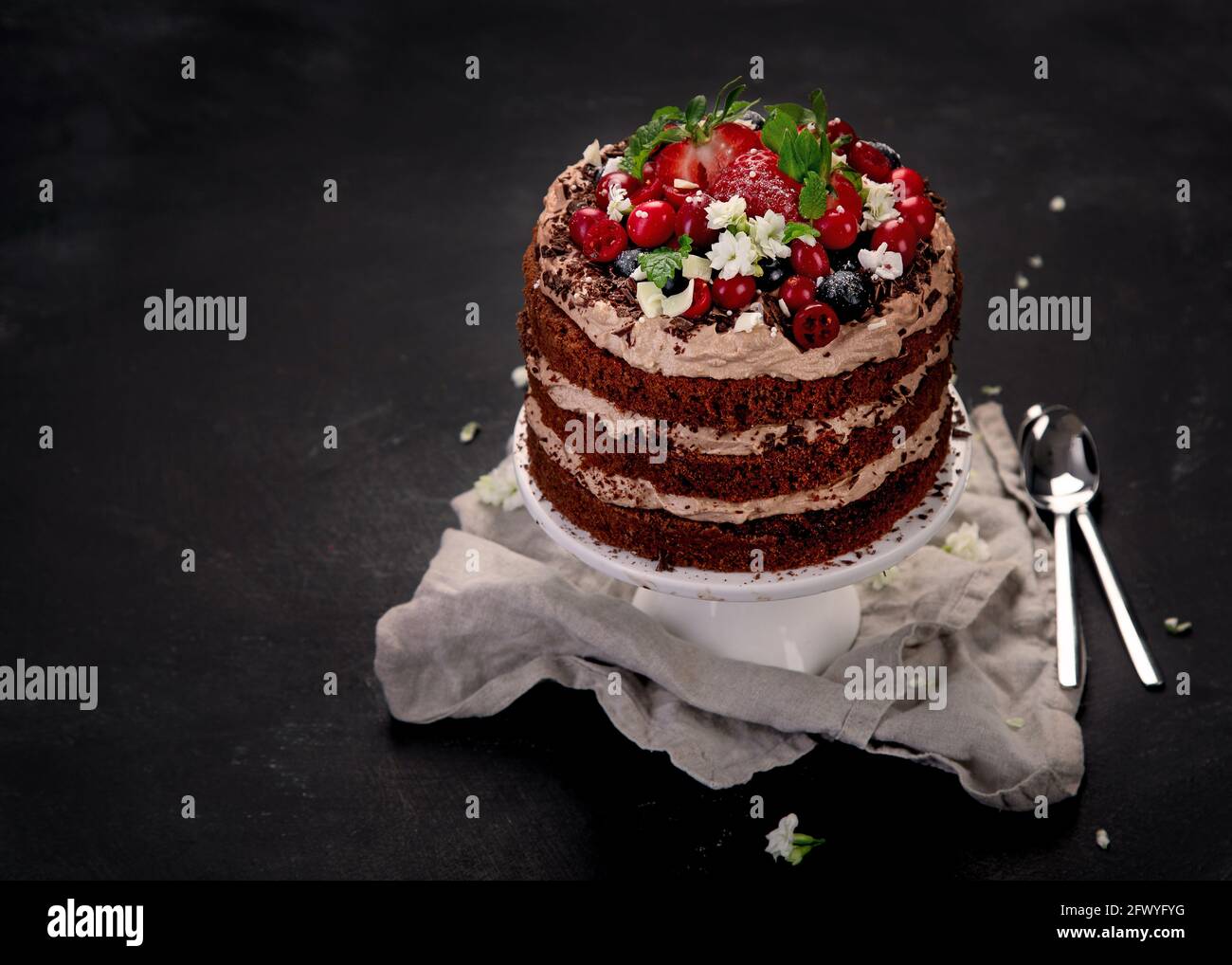 Delicious homemade chocolate cake with fresh berries and mascarpone cream on dark background. copy space Stock Photo