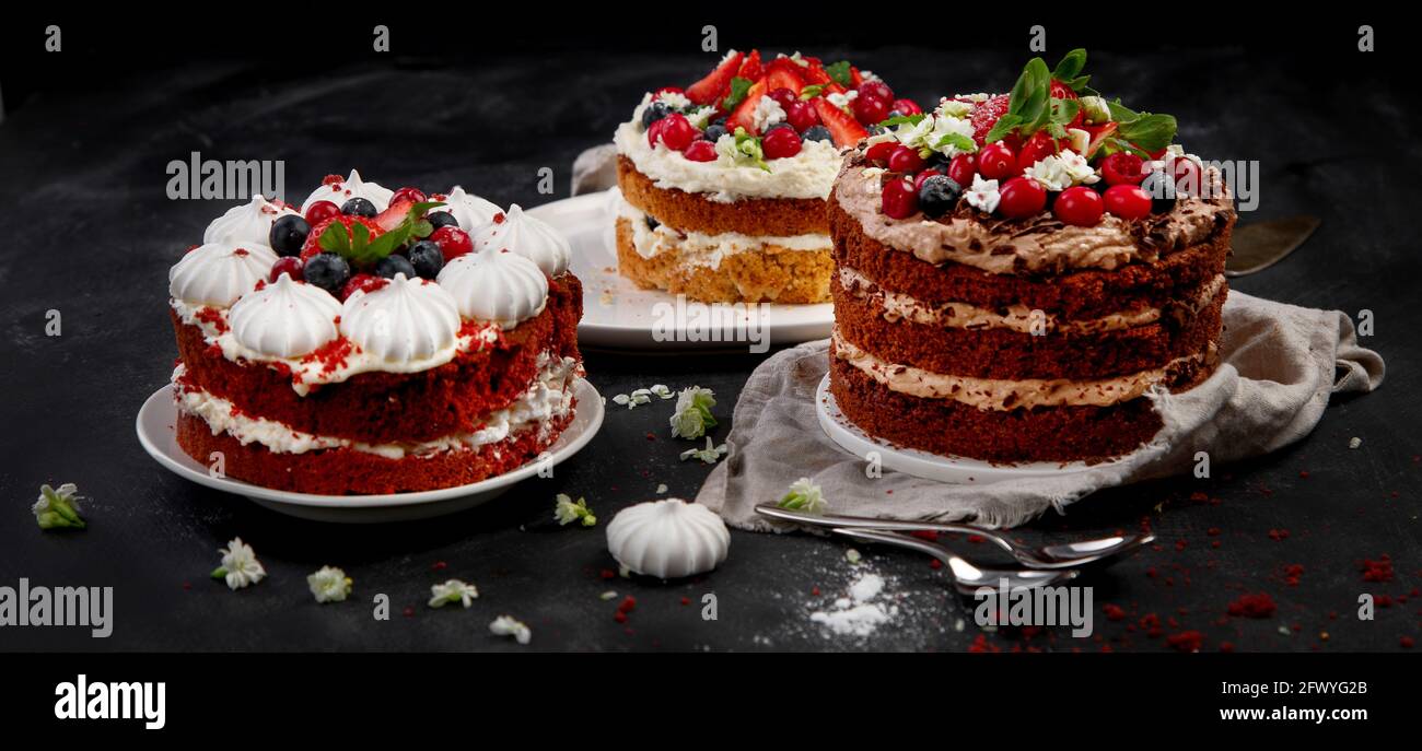 Assorted delicious and colorful homemade cakes with different type of filling on black background.  Panorama Stock Photo