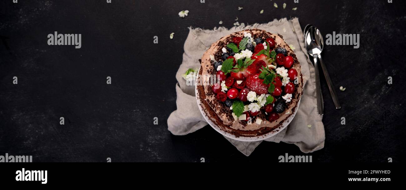Delicious homemade chocolate cake with fresh berries and mascarpone cream on dark background. Top view, copy space, panorama Stock Photo