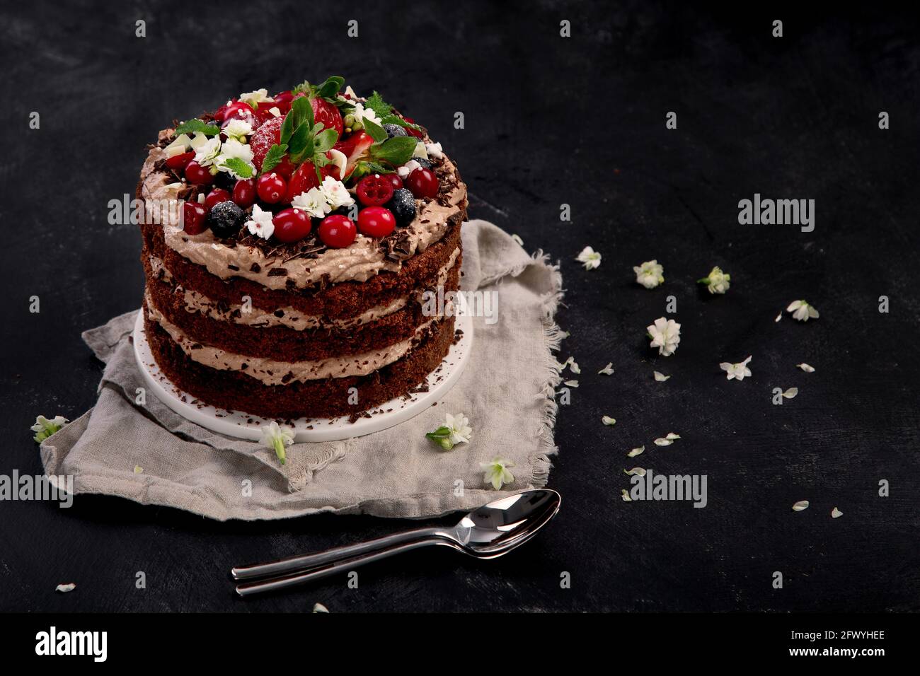 Delicious homemade chocolate cake with fresh berries and mascarpone cream on dark background. Top view, copy space Stock Photo