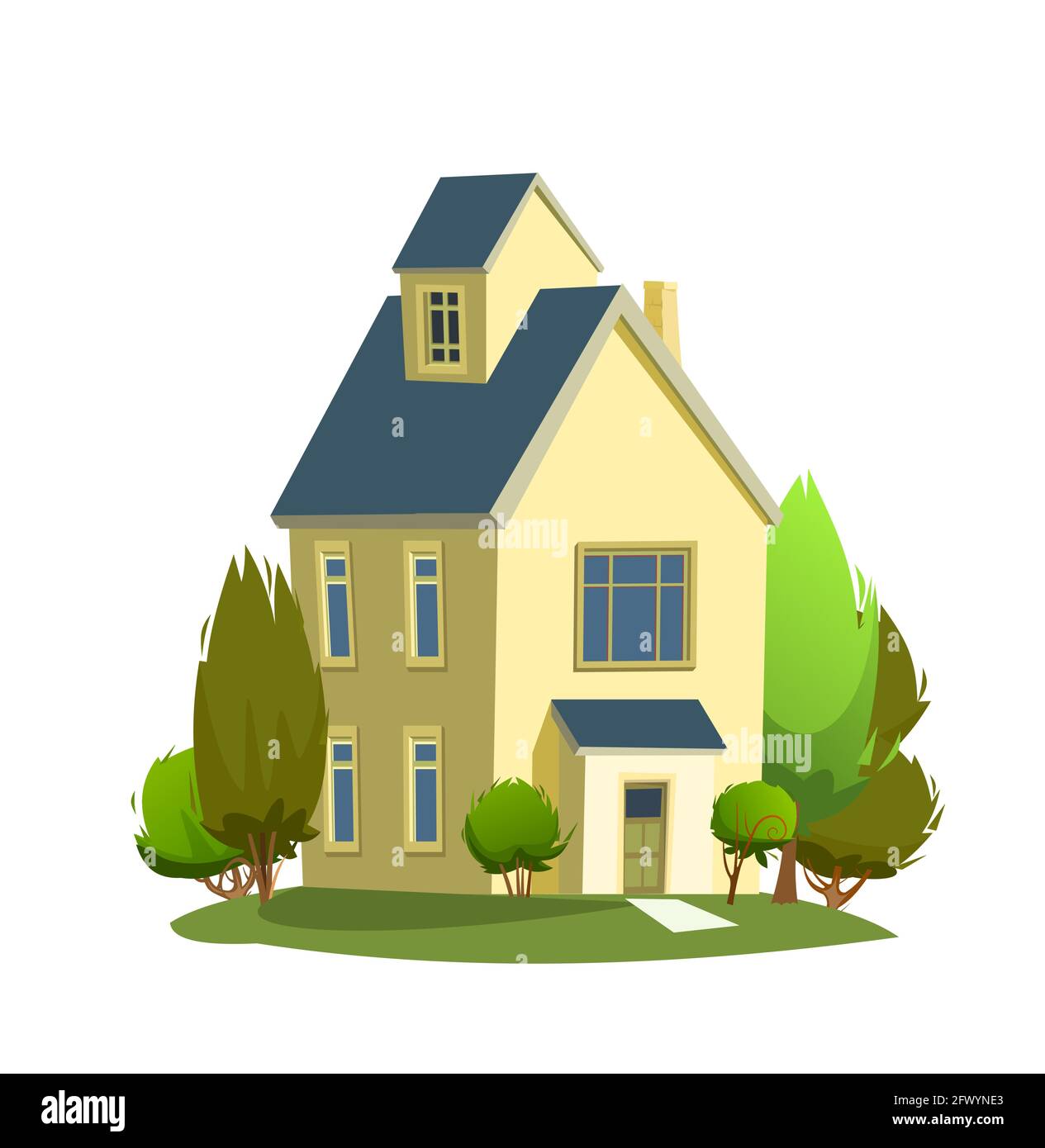 Rural yellow house in the meadow. Half turn. Cheerful cartoon flat