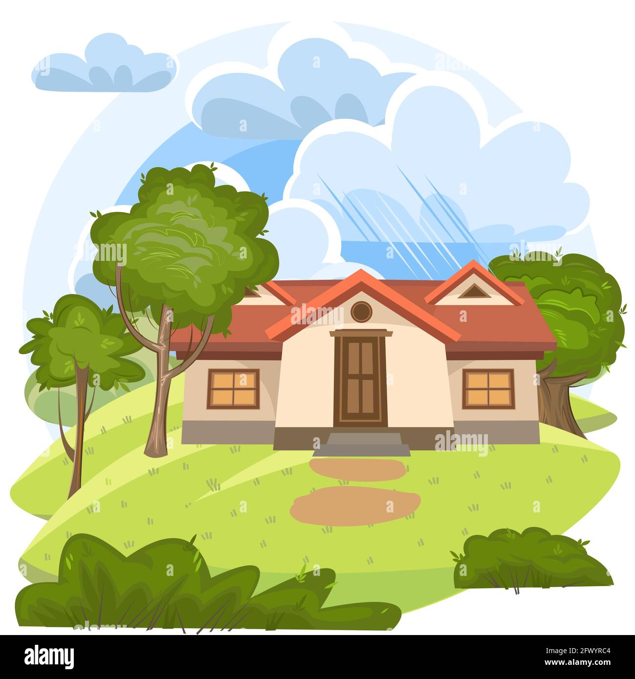 Cartoon house in the meadow. Beautiful view. Clouds. Cozy rustic dwelling  in a traditional European style. Rural landscape. Nice funny home. Isolated  Stock Vector Image & Art - Alamy