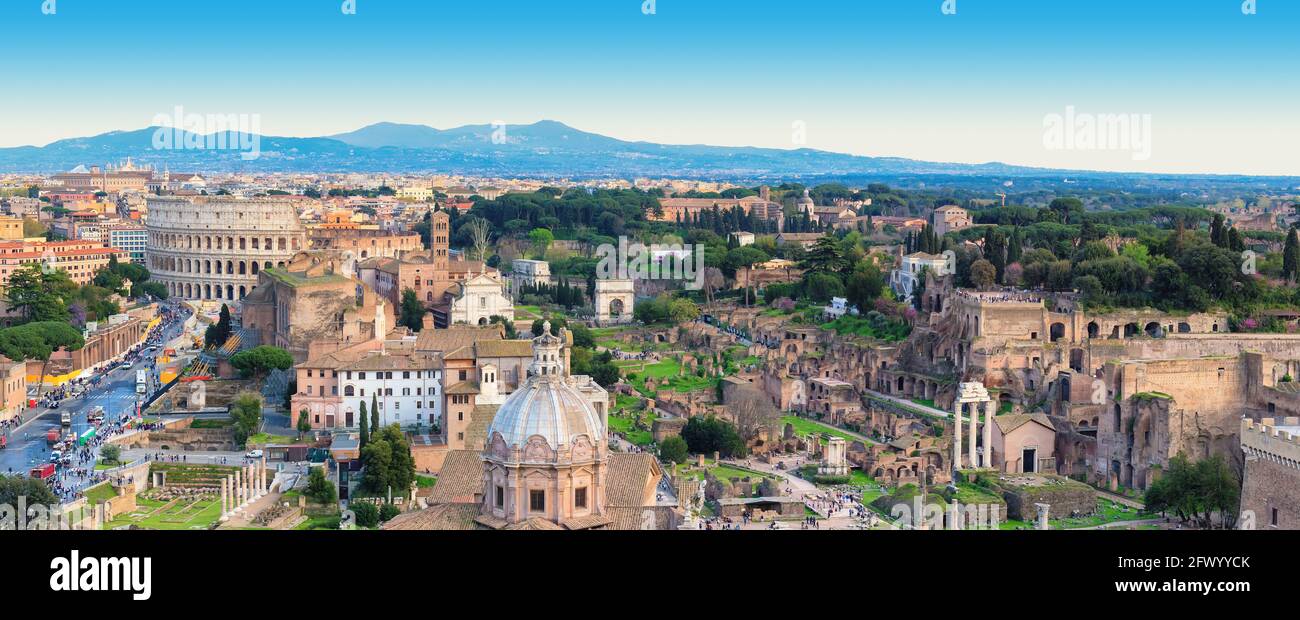 Rome skyline with Colosseum and Roman Forum, Rome, Italy. Stock Photo