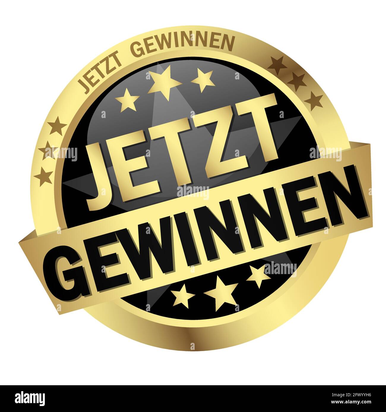 EPS 10 vector with round colored button with banner and text win now (in german) Stock Vector