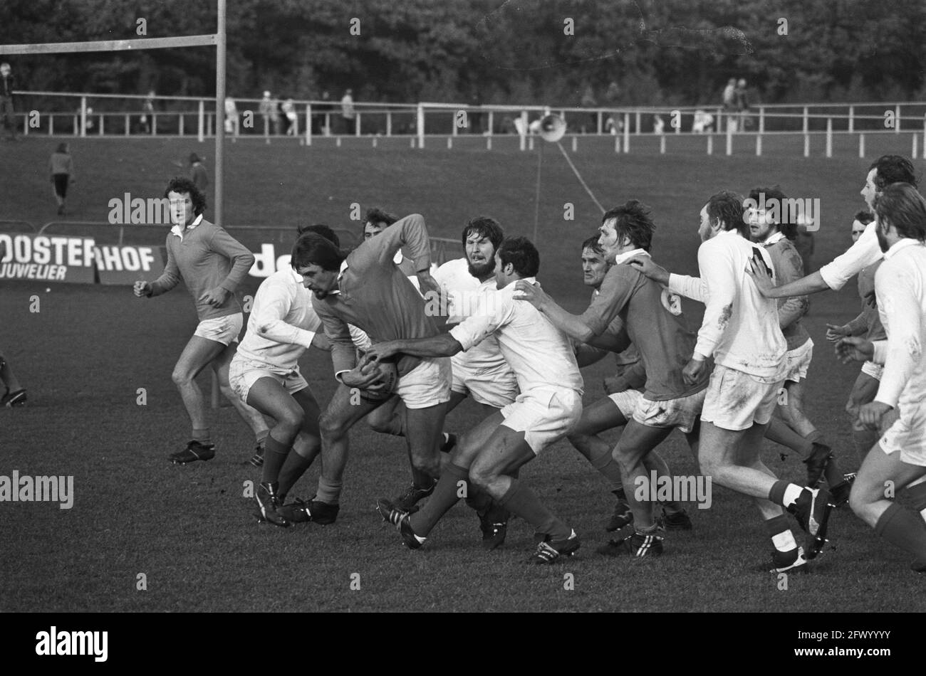 Rugby international Netherlands v West Germany, large clump of players during Dutch attack, October 19, 1974, rugby, The Netherlands, 20th century press agency photo, news to remember, documentary, historic photography 1945-1990, visual stories, human history of the Twentieth Century, capturing moments in time Stock Photo
