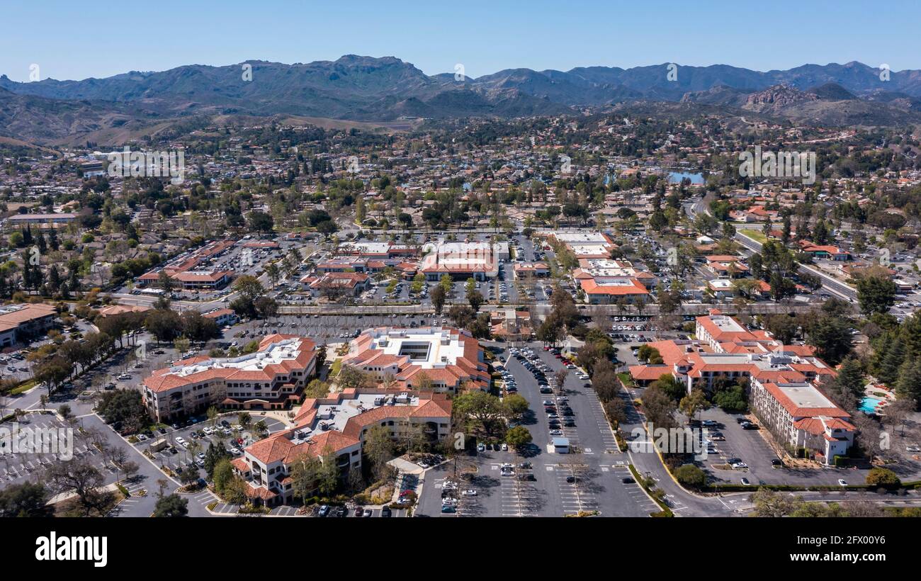 Aerial daytime view of the downtown area of Thousand Oaks, California