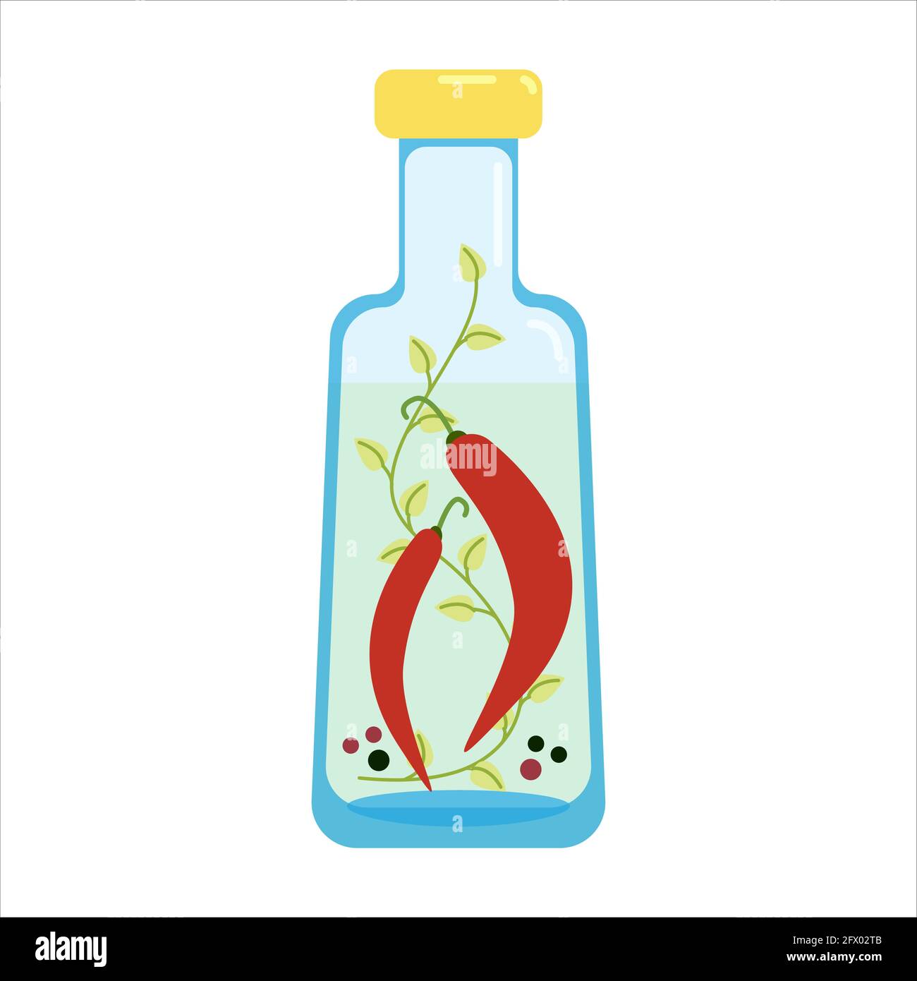 Chili peppers and spices filled with vinegar, tincture for cooking with herbs and spices in a glass bottle, vector clipart in flat style, isolate Stock Vector