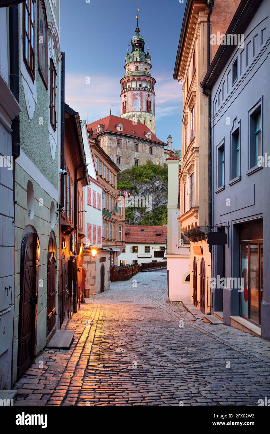 Cesky Krumlov. Cityscape image of downtown Cesky Krumlov with traditional architecture at twilight blue hour. Stock Photo