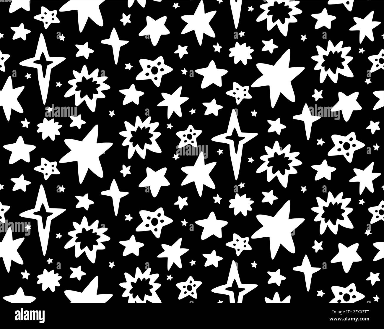 Seamless childish monochrome cosmos pattern with whitte silhouette of different stars on black background. Vector texture of the universe. Vector wall Stock Vector