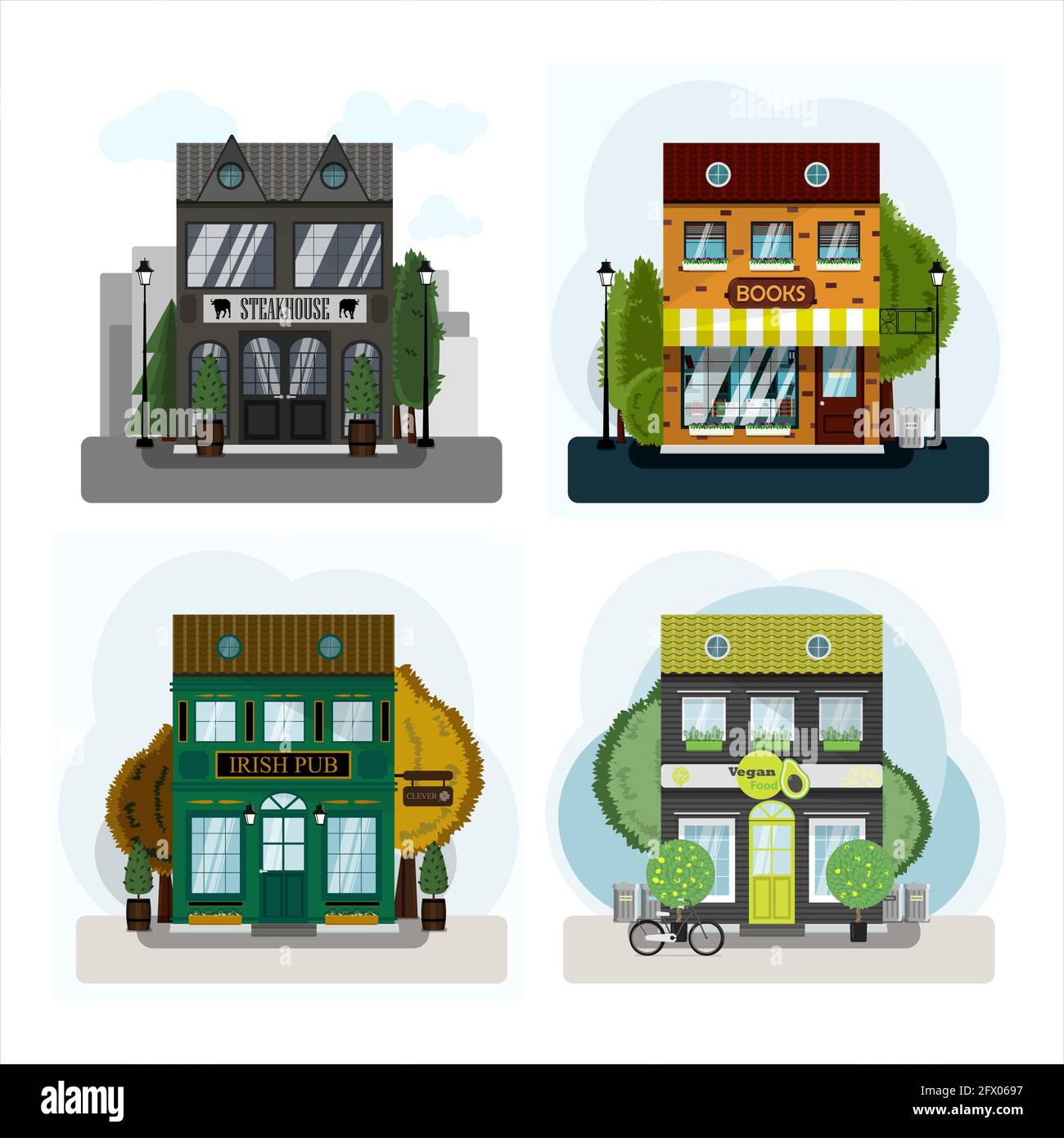 Irish pub exterior vector illustration. Flat design of facade. Beer house building concept. Emerald two-story restaurant in the European style Stock Vector