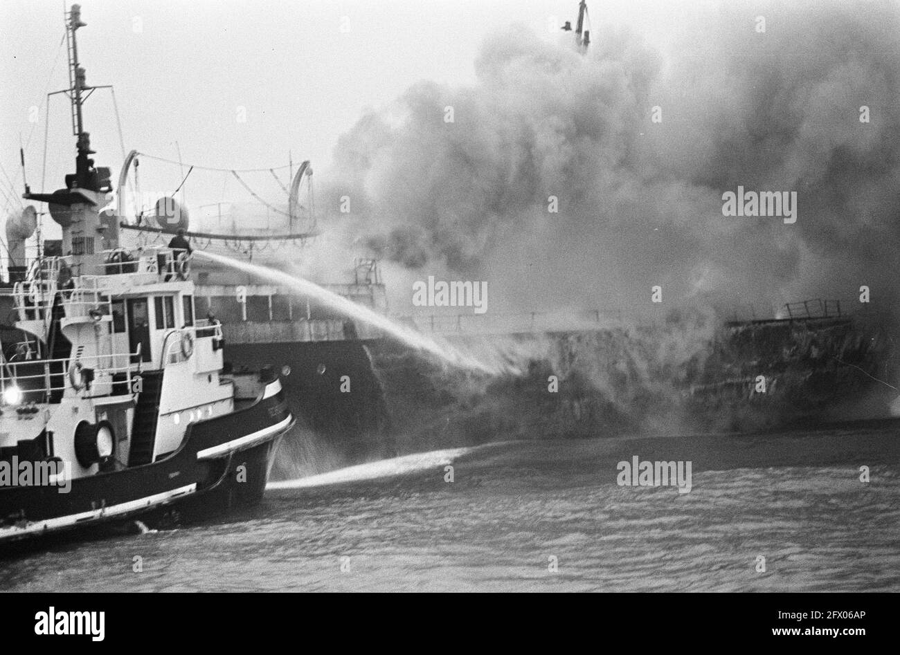 Ship South America on fire at sea, five miles offshore near Hook of Holland (fire on aft deck), February 11, 1966, fires, ships, The Netherlands, 20th century press agency photo, news to remember, documentary, historic photography 1945-1990, visual stories, human history of the Twentieth Century, capturing moments in time Stock Photo
