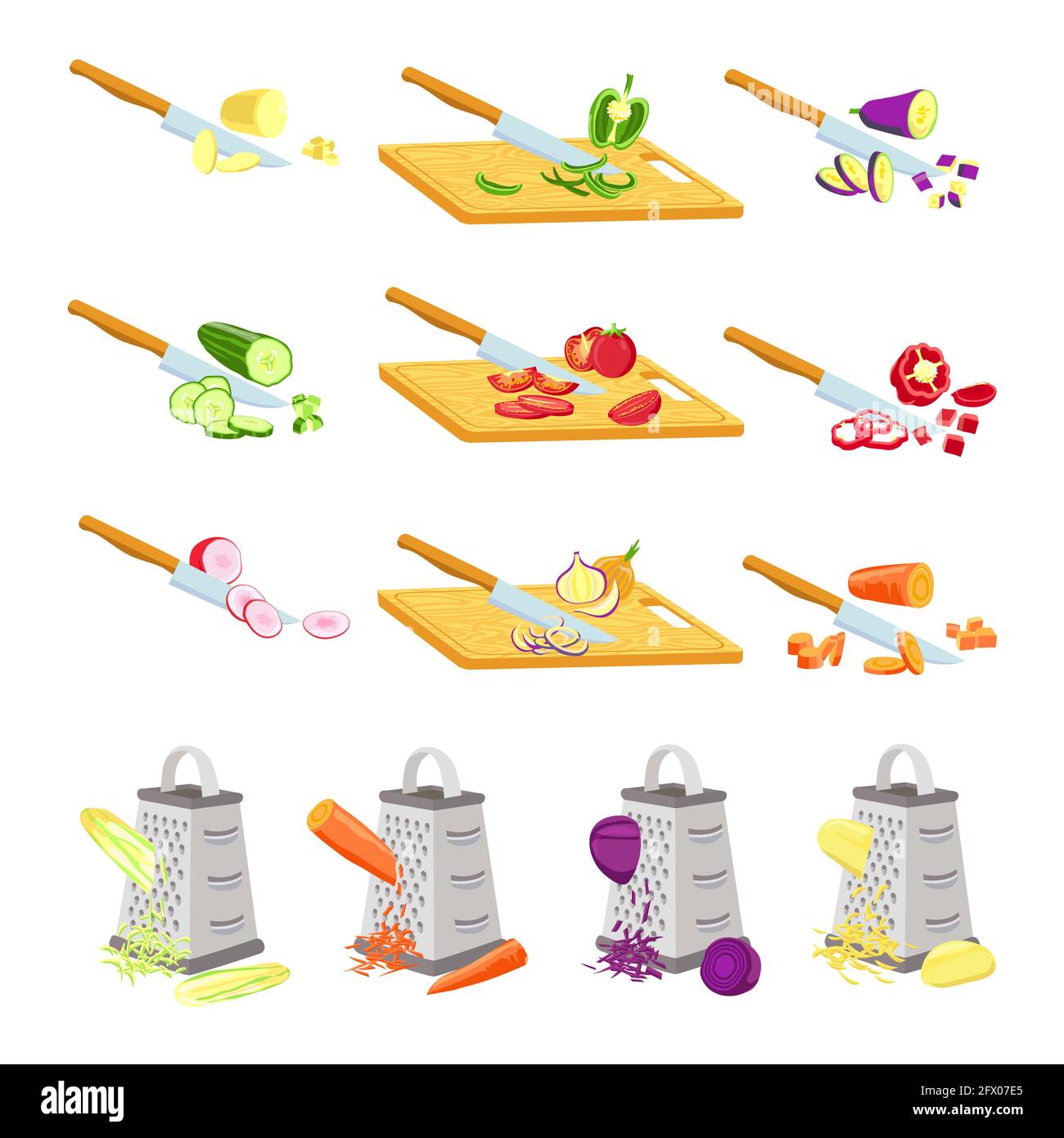 Cut vegetables on board. Knife chopping onion, tomato and radish on wooden boards. Grater rub