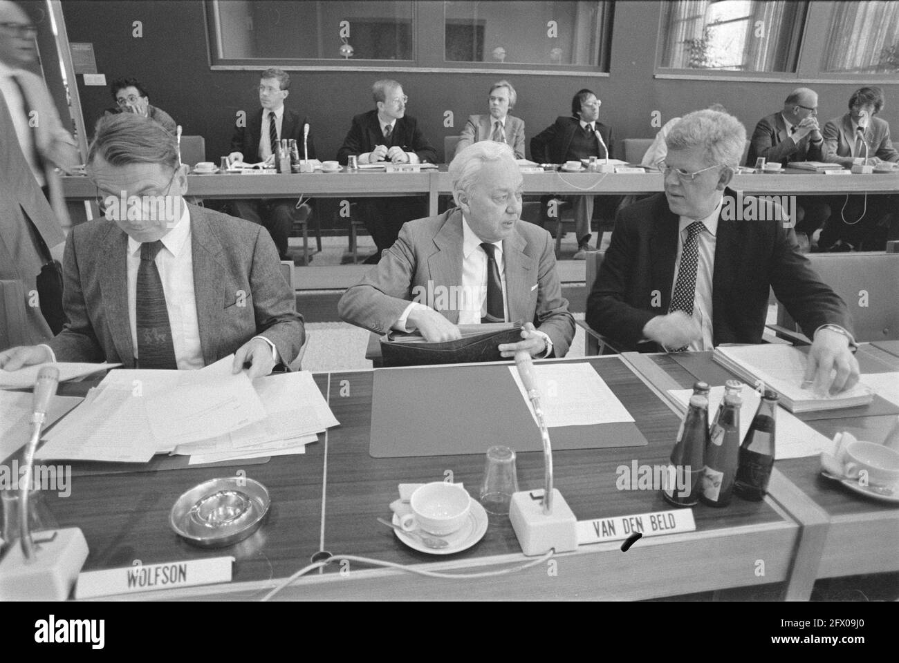 SER meeting; from left to right Wolfson, Van de Beld and Duisenberg, April 27, 1984, The Netherlands, 20th century press agency photo, news to remember, documentary, historic photography 1945-1990, visual stories, human history of the Twentieth Century, capturing moments in time Stock Photo