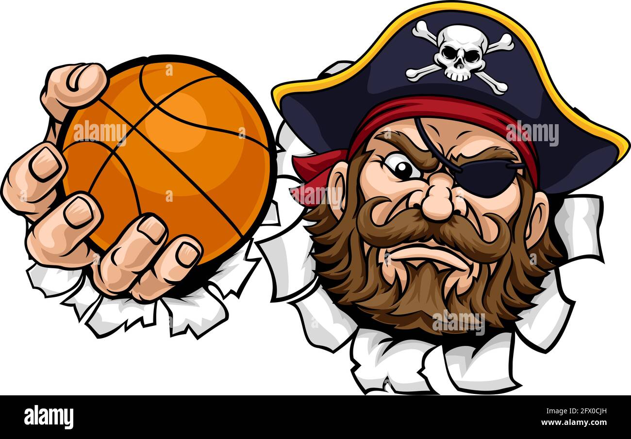 Pirate basketball team design with half mascot and ball for school
