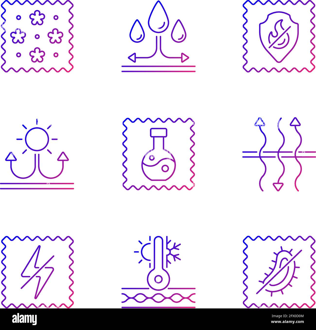 Different types of fabric feature gradient linear vector icons set Stock Vector