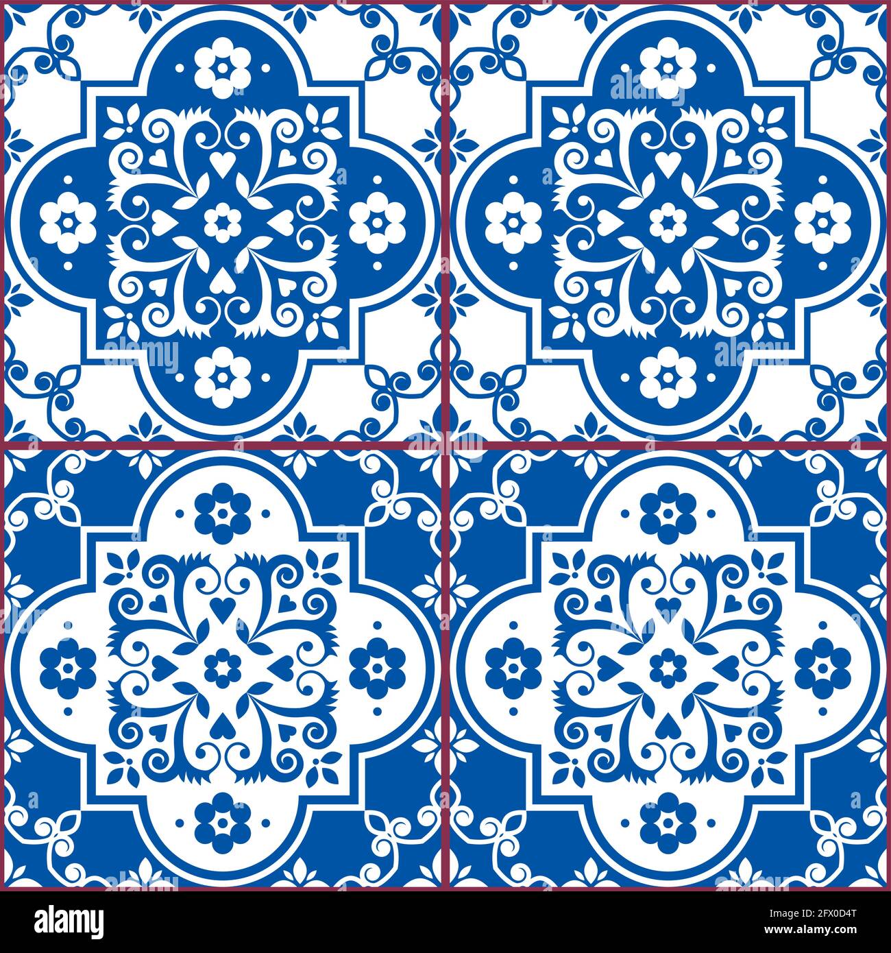 Azulejo tiles seamless vector pattern in navy blue and white, traditional floral design inspired by tile art from Lisbon, Portugal Stock Vector