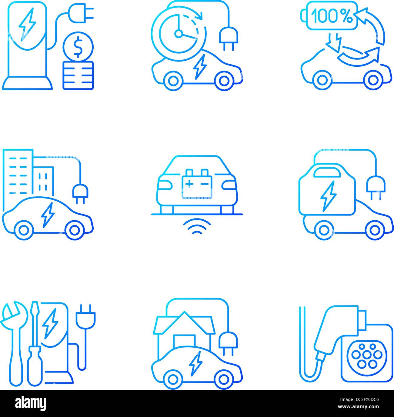 Electric vehicle charging gradient linear vector icons set Stock Vector